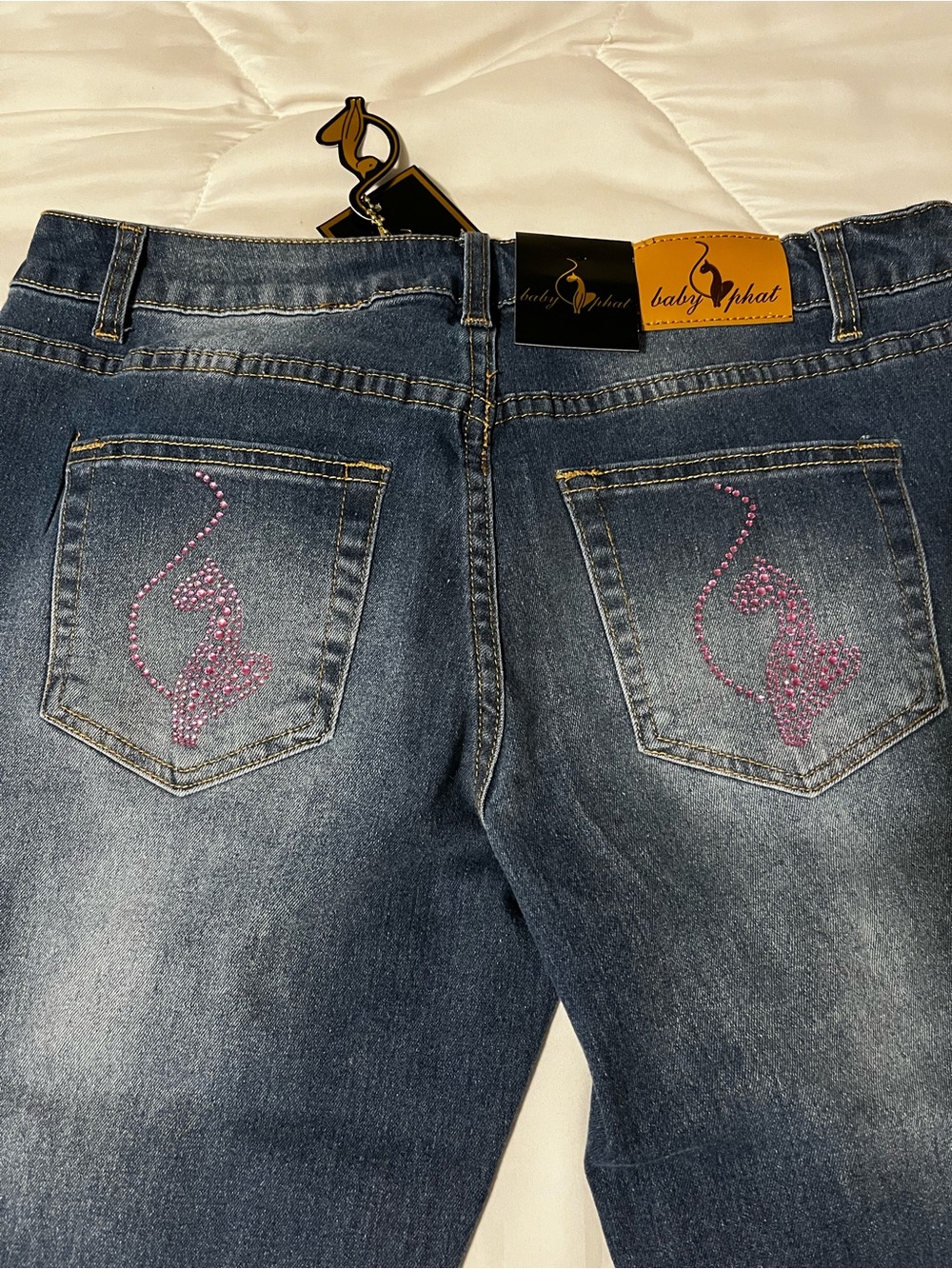 Baby Phat Blue Denim Boot Cut Jeans with Pink Rhinestone Pocket Cat Motif